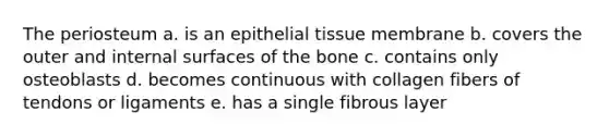 The periosteum a. is an epithelial tissue membrane b. covers the outer and internal surfaces of the bone c. contains only osteoblasts d. becomes continuous with collagen fibers of tendons or ligaments e. has a single fibrous layer