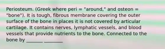 Periosteum. (Greek where peri = "around," and osteon = "bone"). It is tough, fibrous membrane covering the outer surface of the bone in places it is not covered by articular cartilage. It contains nerves, lymphatic vessels, and blood vessels that provide nutrients to the bone. Connected to the bone by _______ ________