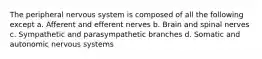 The peripheral nervous system is composed of all the following except a. Afferent and efferent nerves b. Brain and spinal nerves c. Sympathetic and parasympathetic branches d. Somatic and autonomic nervous systems