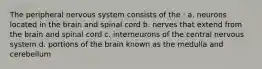 The peripheral nervous system consists of the : a. neurons located in the brain and spinal cord b. nerves that extend from the brain and spinal cord c. interneurons of the central nervous system d. portions of the brain known as the medulla and cerebellum