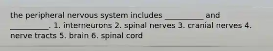 the peripheral nervous system includes __________ and __________. 1. interneurons 2. spinal nerves 3. cranial nerves 4. nerve tracts 5. brain 6. spinal cord