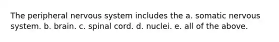 The peripheral nervous system includes the a. somatic nervous system. b. brain. c. spinal cord. d. nuclei. e. all of the above.