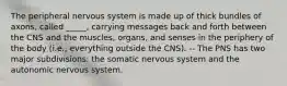 The peripheral nervous system is made up of thick bundles of axons, called _____, carrying messages back and forth between the CNS and the muscles, organs, and senses in the periphery of the body (i.e., everything outside the CNS). -- The PNS has two major subdivisions: the somatic nervous system and the autonomic nervous system.