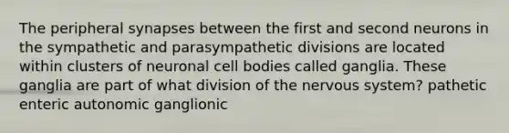 The peripheral synapses between the first and second neurons in the sympathetic and parasympathetic divisions are located within clusters of neuronal cell bodies called ganglia. These ganglia are part of what division of the nervous system? pathetic enteric autonomic ganglionic