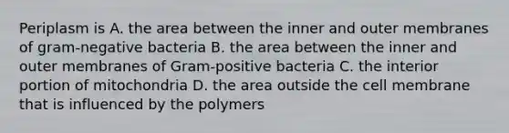 Periplasm is A. the area between the inner and outer membranes of gram-negative bacteria B. the area between the inner and outer membranes of Gram-positive bacteria C. the interior portion of mitochondria D. the area outside the cell membrane that is influenced by the polymers