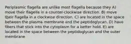 Periplasmic flagella are unlike most flagella because they A) move their flagella in a counter-clockwise direction. B) move their flagella in a clockwise direction. C) are located in the space between the plasma membrane and the peptidoglycan. D) have fibers that stick into the cytoplasm for a better hold. E) are located in the space between the peptidoglycan and the outer membrane