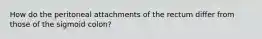 How do the peritoneal attachments of the rectum differ from those of the sigmoid colon?