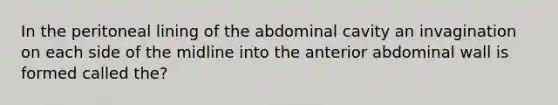 In the peritoneal lining of the abdominal cavity an invagination on each side of the midline into the anterior abdominal wall is formed called the?