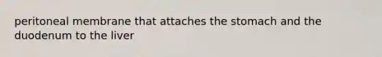 peritoneal membrane that attaches <a href='https://www.questionai.com/knowledge/kLccSGjkt8-the-stomach' class='anchor-knowledge'>the stomach</a> and the duodenum to the liver