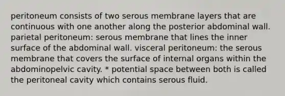 peritoneum consists of two serous membrane layers that are continuous with one another along the posterior abdominal wall. parietal peritoneum: serous membrane that lines the inner surface of the abdominal wall. visceral peritoneum: the serous membrane that covers the surface of internal organs within the abdominopelvic cavity. * potential space between both is called the peritoneal cavity which contains serous fluid.