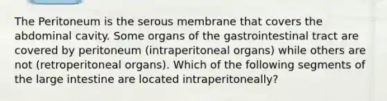 The Peritoneum is the serous membrane that covers the abdominal cavity. Some organs of the gastrointestinal tract are covered by peritoneum (intraperitoneal organs) while others are not (retroperitoneal organs). Which of the following segments of the large intestine are located intraperitoneally?