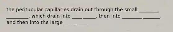 the peritubular capillaries drain out through the small ________ _________, which drain into ____ _____, then into ________ _______, and then into the large _____ ____