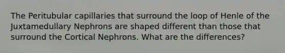 The Peritubular capillaries that surround the loop of Henle of the Juxtamedullary Nephrons are shaped different than those that surround the Cortical Nephrons. What are the differences?