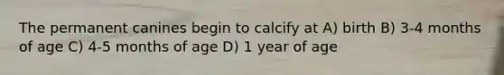 The permanent canines begin to calcify at A) birth B) 3-4 months of age C) 4-5 months of age D) 1 year of age