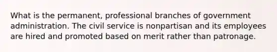 What is the permanent, professional branches of government administration. The civil service is nonpartisan and its employees are hired and promoted based on merit rather than patronage.