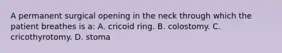 A permanent surgical opening in the neck through which the patient breathes is​ a: A. cricoid ring. B. colostomy. C. cricothyrotomy. D. stoma