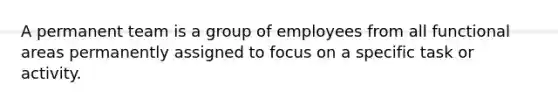 A permanent team is a group of employees from all functional areas permanently assigned to focus on a specific task or activity.