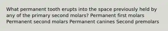 What permanent tooth erupts into the space previously held by any of the primary second molars? Permanent first molars Permanent second molars Permanent canines Second premolars