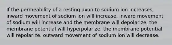 If the permeability of a resting axon to sodium ion increases, inward movement of sodium ion will increase. inward movement of sodium will increase and the membrane will depolarize. the membrane potential will hyperpolarize. the membrane potential will repolarize. outward movement of sodium ion will decrease.