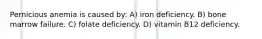 Pernicious anemia is caused by: A) iron deficiency. B) bone marrow failure. C) folate deficiency. D) vitamin B12 deficiency.
