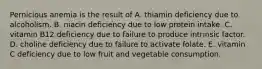 Pernicious anemia is the result of A. thiamin deficiency due to alcoholism. B. niacin deficiency due to low protein intake. C. vitamin B12 deficiency due to failure to produce intrinsic factor. D. choline deficiency due to failure to activate folate. E. vitamin C deficiency due to low fruit and vegetable consumption.