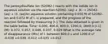 The peroxydisulfate ion (S2O82-) reacts with the iodide ion in aqueous solution via the reaction:S2O82- (aq) + 3I- → 2SO42- (aq) + I3- (aq)An aqueous solution containing 0.050 M of S2O82- ion and 0.072 M of I- is prepared, and the progress of the reaction followed by measuring [I-]. The data obtained is given in the table below. Time: 0.000, 400.0, 800.0, 1200.0, 1600.0 [I-1](M): 0.072, 0.057, 0.046, 0.037, 0.029 What is the average rate of disappearance (M/s) of I- between 800.0 s and 1200.0 s? -0.038 +0.038 -0.012 +0.035 +0.012