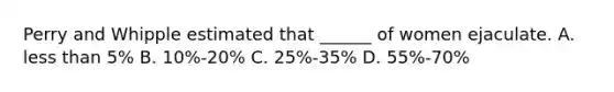 Perry and Whipple estimated that ______ of women ejaculate. A. less than 5% B. 10%-20% C. 25%-35% D. 55%-70%