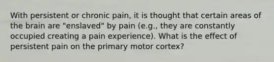 With persistent or chronic pain, it is thought that certain areas of the brain are "enslaved" by pain (e.g., they are constantly occupied creating a pain experience). What is the effect of persistent pain on the primary motor cortex?