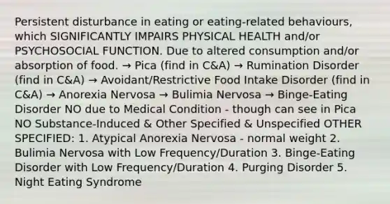 Persistent disturbance in eating or eating-related behaviours, which SIGNIFICANTLY IMPAIRS PHYSICAL HEALTH and/or PSYCHOSOCIAL FUNCTION. Due to altered consumption and/or absorption of food. → Pica (find in C&A) → Rumination Disorder (find in C&A) → Avoidant/Restrictive Food Intake Disorder (find in C&A) → Anorexia Nervosa → Bulimia Nervosa → Binge-Eating Disorder NO due to Medical Condition - though can see in Pica NO Substance-Induced & Other Specified & Unspecified OTHER SPECIFIED: 1. Atypical Anorexia Nervosa - normal weight 2. Bulimia Nervosa with Low Frequency/Duration 3. Binge-Eating Disorder with Low Frequency/Duration 4. Purging Disorder 5. Night Eating Syndrome