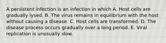 A persistent infection is an infection in which A. Host cells are gradually lysed. B. The virus remains in equilibrium with the host without causing a disease. C. Host cells are transformed. D. The disease process occurs gradually over a long period. E. Viral replication is unusually slow.