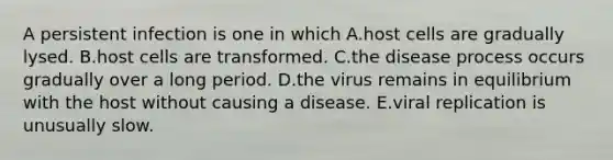 A persistent infection is one in which A.host cells are gradually lysed. B.host cells are transformed. C.the disease process occurs gradually over a long period. D.the virus remains in equilibrium with the host without causing a disease. E.viral replication is unusually slow.