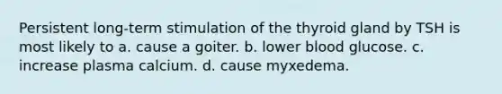 Persistent long-term stimulation of the thyroid gland by TSH is most likely to a. cause a goiter. b. lower blood glucose. c. increase plasma calcium. d. cause myxedema.