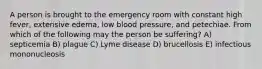 A person is brought to the emergency room with constant high fever, extensive edema, low blood pressure, and petechiae. From which of the following may the person be suffering? A) septicemia B) plague C) Lyme disease D) brucellosis E) infectious mononucleosis