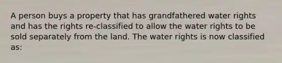 A person buys a property that has grandfathered water rights and has the rights re-classified to allow the water rights to be sold separately from the land. The water rights is now classified as: