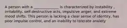 A person with a ______________ is characterized by instability , irritability, self-destructive acts, impulsive anger, and extreme mood shifts. This person is lacking a clear sense of identity, has poor impulse control, and an inability to tolerate anxiety