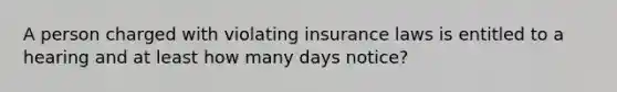 A person charged with violating insurance laws is entitled to a hearing and at least how many days notice?