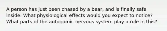 A person has just been chased by a bear, and is finally safe inside. What physiological effects would you expect to notice? What parts of the autonomic nervous system play a role in this?