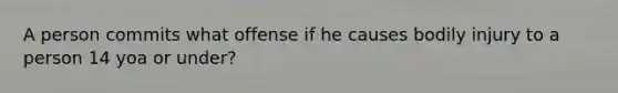 A person commits what offense if he causes bodily injury to a person 14 yoa or under?