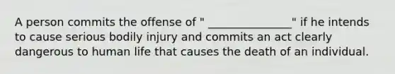 A person commits the offense of " _______________" if he intends to cause serious bodily injury and commits an act clearly dangerous to human life that causes the death of an individual.