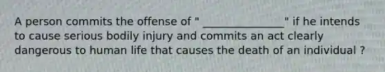 A person commits the offense of " _______________" if he intends to cause serious bodily injury and commits an act clearly dangerous to human life that causes the death of an individual ?