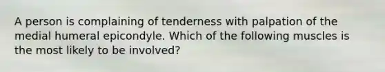 A person is complaining of tenderness with palpation of the medial humeral epicondyle. Which of the following muscles is the most likely to be involved?