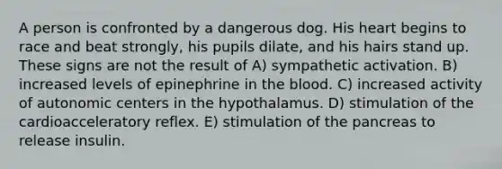 A person is confronted by a dangerous dog. His heart begins to race and beat strongly, his pupils dilate, and his hairs stand up. These signs are not the result of A) sympathetic activation. B) increased levels of epinephrine in the blood. C) increased activity of autonomic centers in the hypothalamus. D) stimulation of the cardioacceleratory reflex. E) stimulation of the pancreas to release insulin.