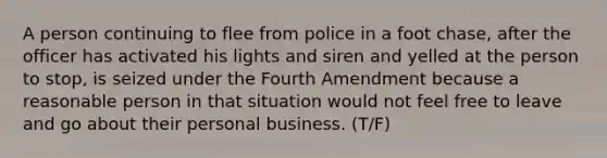 A person continuing to flee from police in a foot chase, after the officer has activated his lights and siren and yelled at the person to stop, is seized under the Fourth Amendment because a reasonable person in that situation would not feel free to leave and go about their personal business. (T/F)