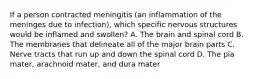 If a person contracted meningitis (an inflammation of the meninges due to infection), which specific nervous structures would be inflamed and swollen? A. The brain and spinal cord B. The membranes that delineate all of the major brain parts C. Nerve tracts that run up and down the spinal cord D. The pia mater, arachnoid mater, and dura mater