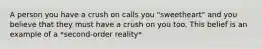 A person you have a crush on calls you "sweetheart" and you believe that they must have a crush on you too. This belief is an example of a *second-order reality*