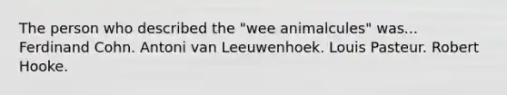 The person who described the "wee animalcules" was... Ferdinand Cohn. Antoni van Leeuwenhoek. Louis Pasteur. Robert Hooke.