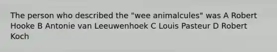 The person who described the "wee animalcules" was A Robert Hooke B Antonie van Leeuwenhoek C Louis Pasteur D Robert Koch