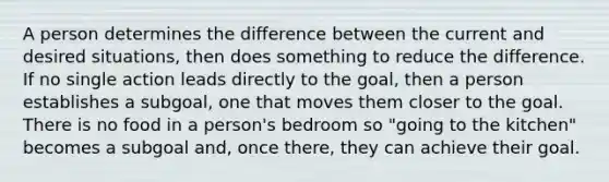 A person determines the difference between the current and desired situations, then does something to reduce the difference. If no single action leads directly to the goal, then a person establishes a subgoal, one that moves them closer to the goal. There is no food in a person's bedroom so "going to the kitchen" becomes a subgoal and, once there, they can achieve their goal.