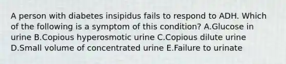 A person with diabetes insipidus fails to respond to ADH. Which of the following is a symptom of this condition? A.Glucose in urine B.Copious hyperosmotic urine C.Copious dilute urine D.Small volume of concentrated urine E.Failure to urinate