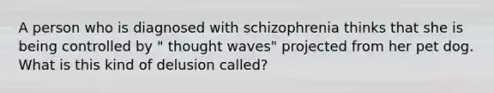 A person who is diagnosed with schizophrenia thinks that she is being controlled by " thought waves" projected from her pet dog. What is this kind of delusion called?